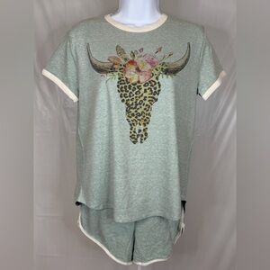 Phil Love Western Graphic Short Set Cow Skull Floral Leopard Small